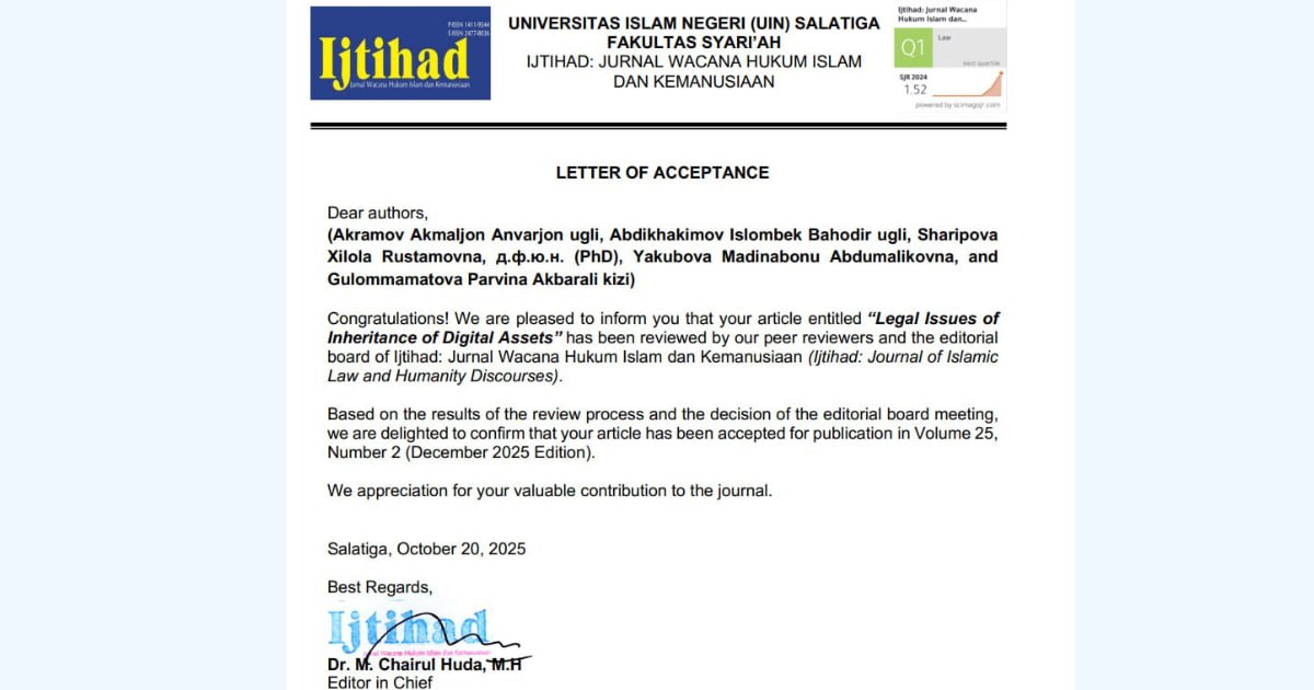 An academic article by the faculty members of the Cyber Law Department has been accepted for publication in the high-ranking Q1-indexed Scopus journal "Ijtihad".